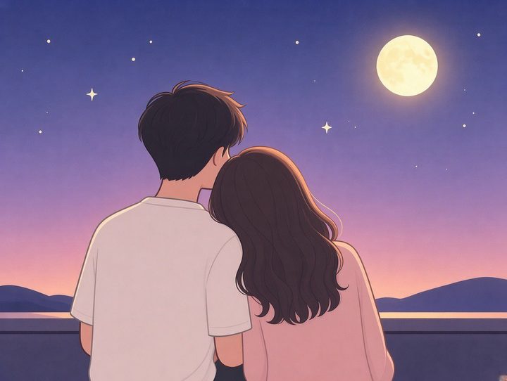 两个人并肩坐在河边看月亮